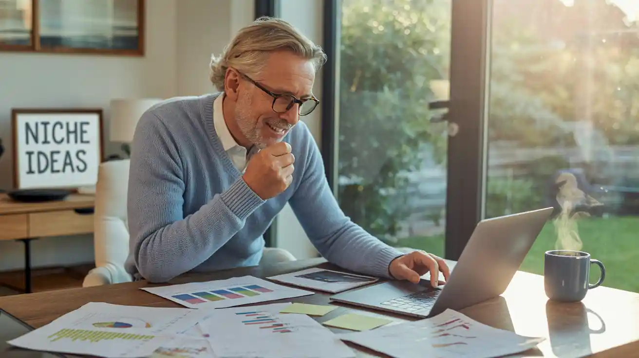 Older entrepreneur researching profitable niche ideas on a laptop, surrounded by notes and trend charts in a bright home office