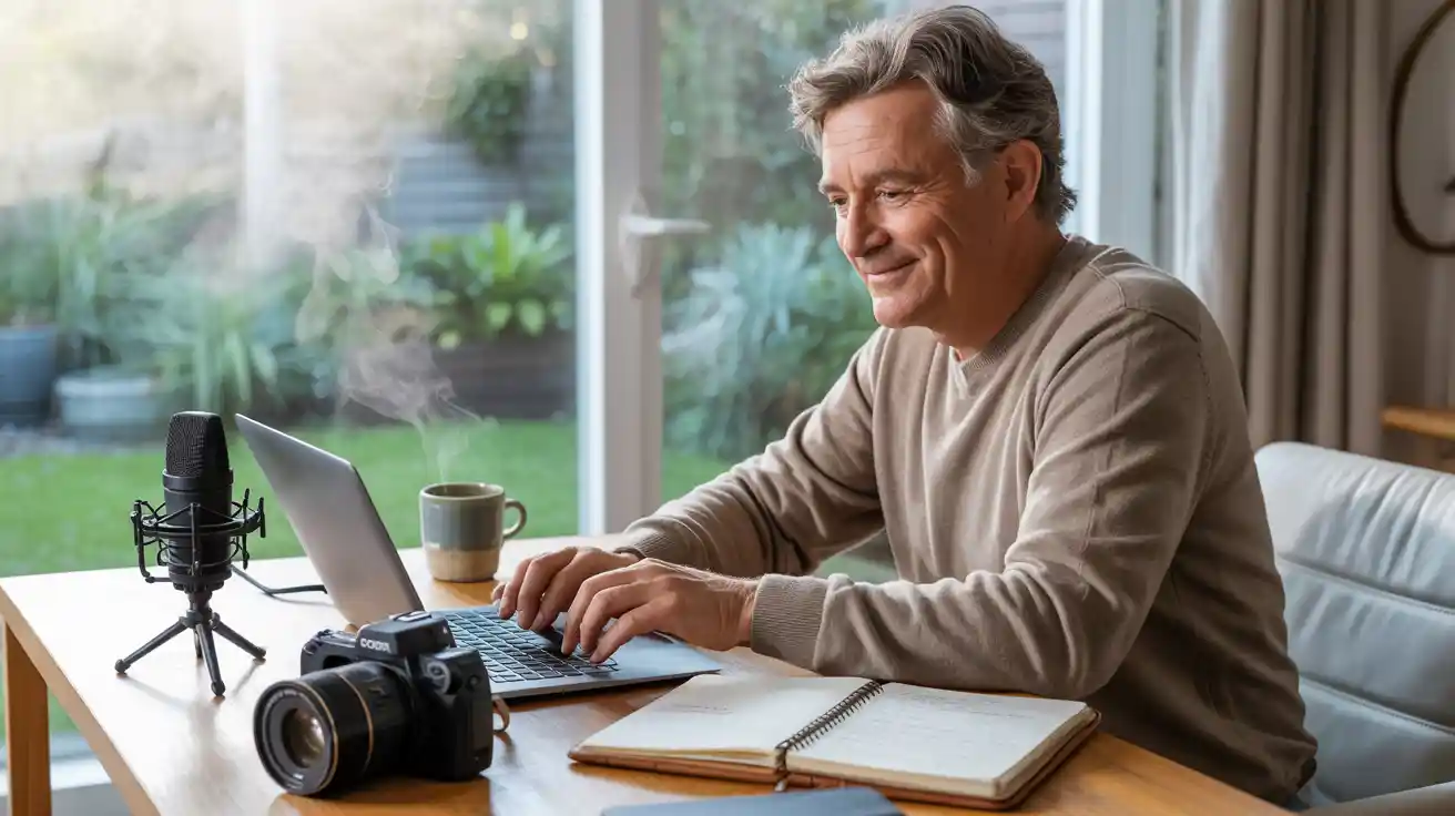 Simple Digital Creator Guide illustration of a person at a laptop with camera, microphone, and notebook.