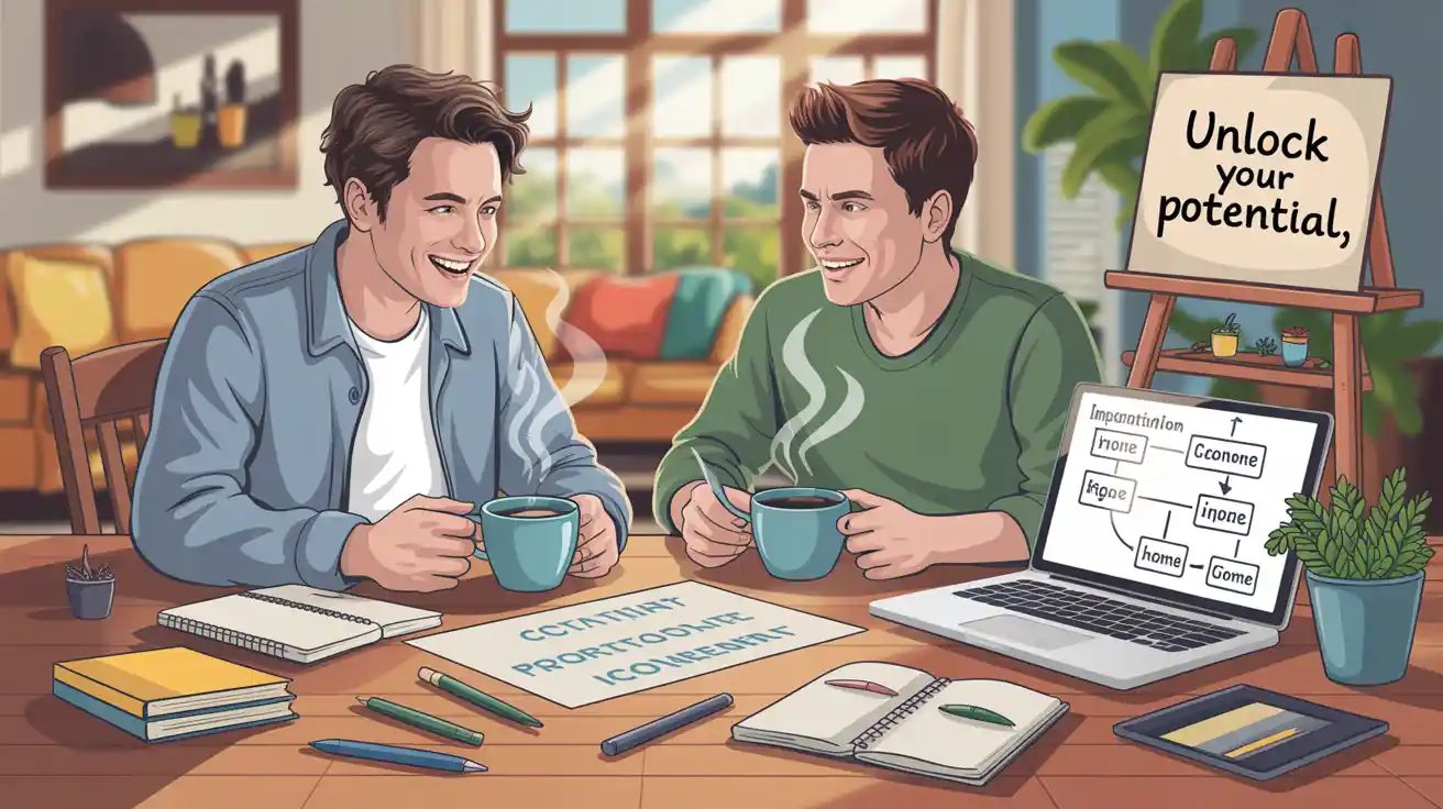 How to Turn Ideas Into Job-Free Income. Create the image at the kitchen table with two men drinking coffee and getting ideas.