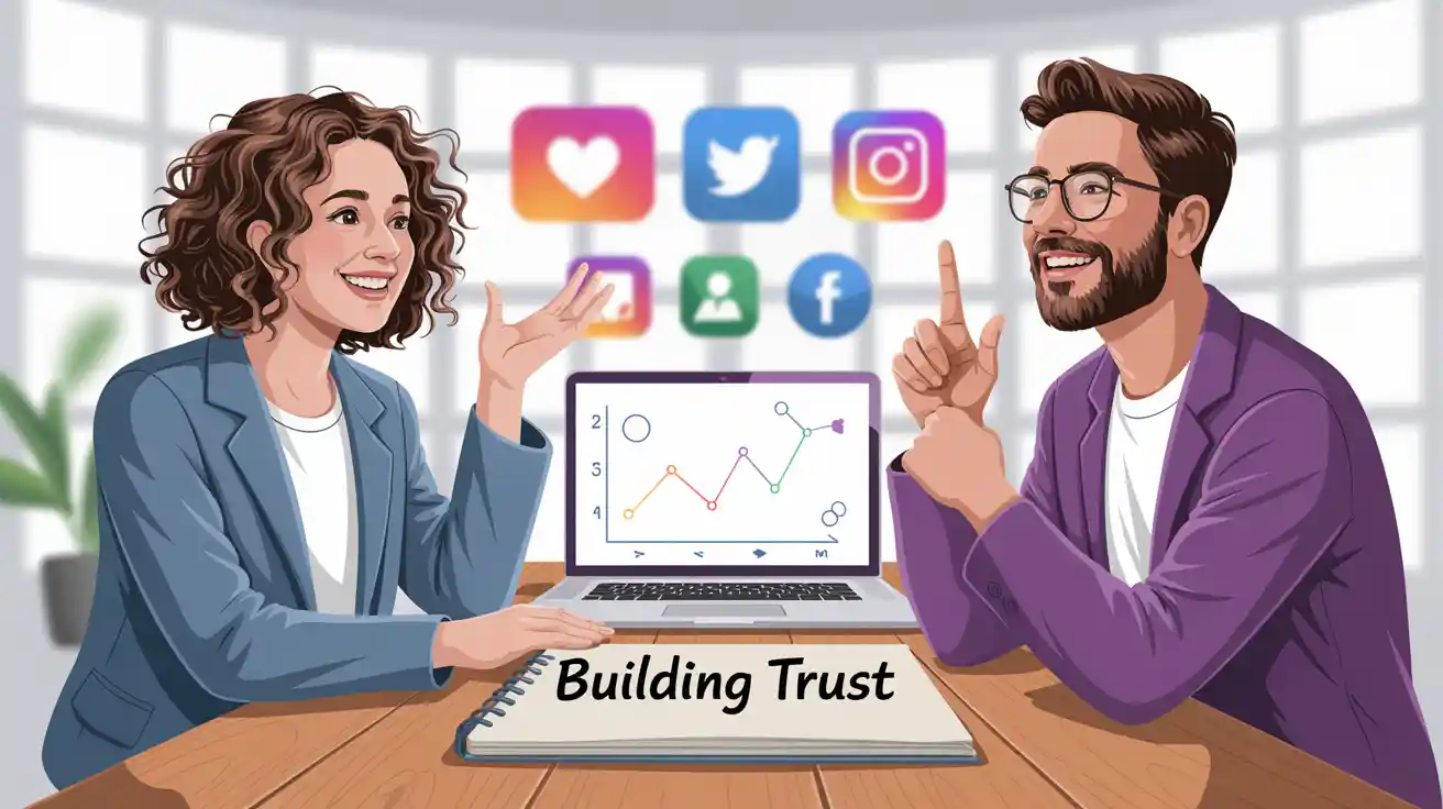 I need an image of a couple of digital content creators talking at a table about building trust in a digital aga