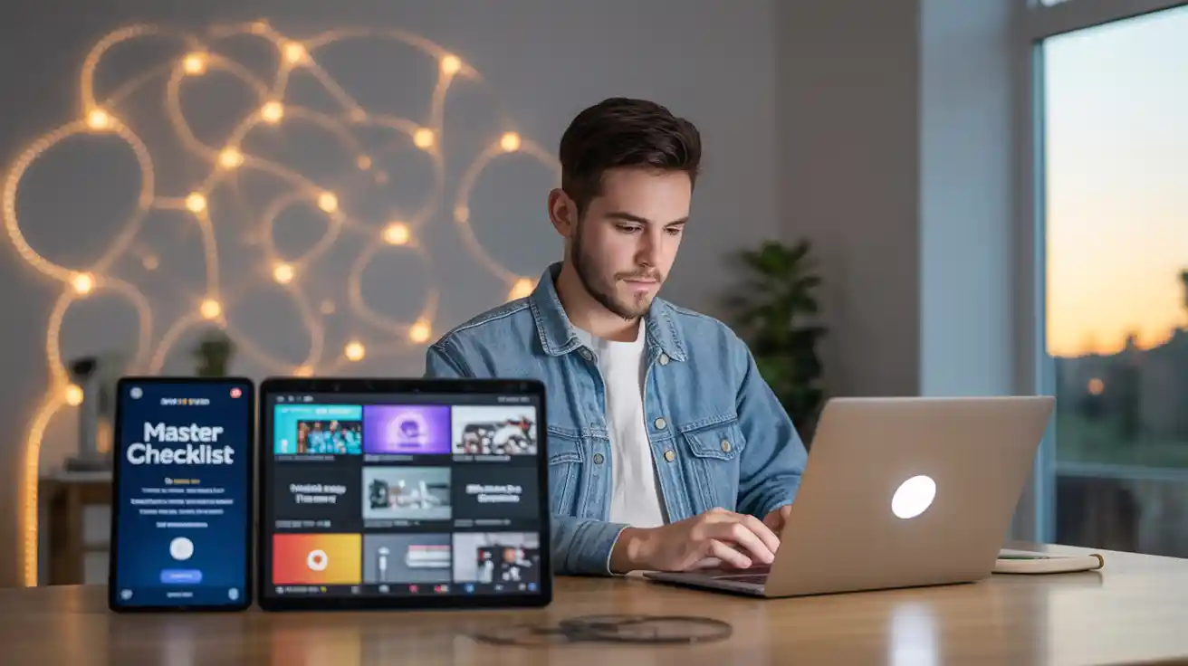 A senior digital creator working at a laptop with confidence and energy, surrounded by digital products like checklists, eBooks, and video thumbnails, with a soft AI-inspired background, bright lighting, and a warm, inviting workspace.
