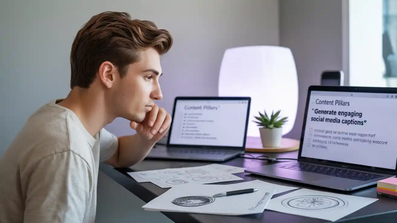 What Nobody Tells You About Making Digital Products and a young male digital creator at a cozy desk, looking thoughtful, surrounded by sketches, laptops, and digital product mockups like checklists and prompts.