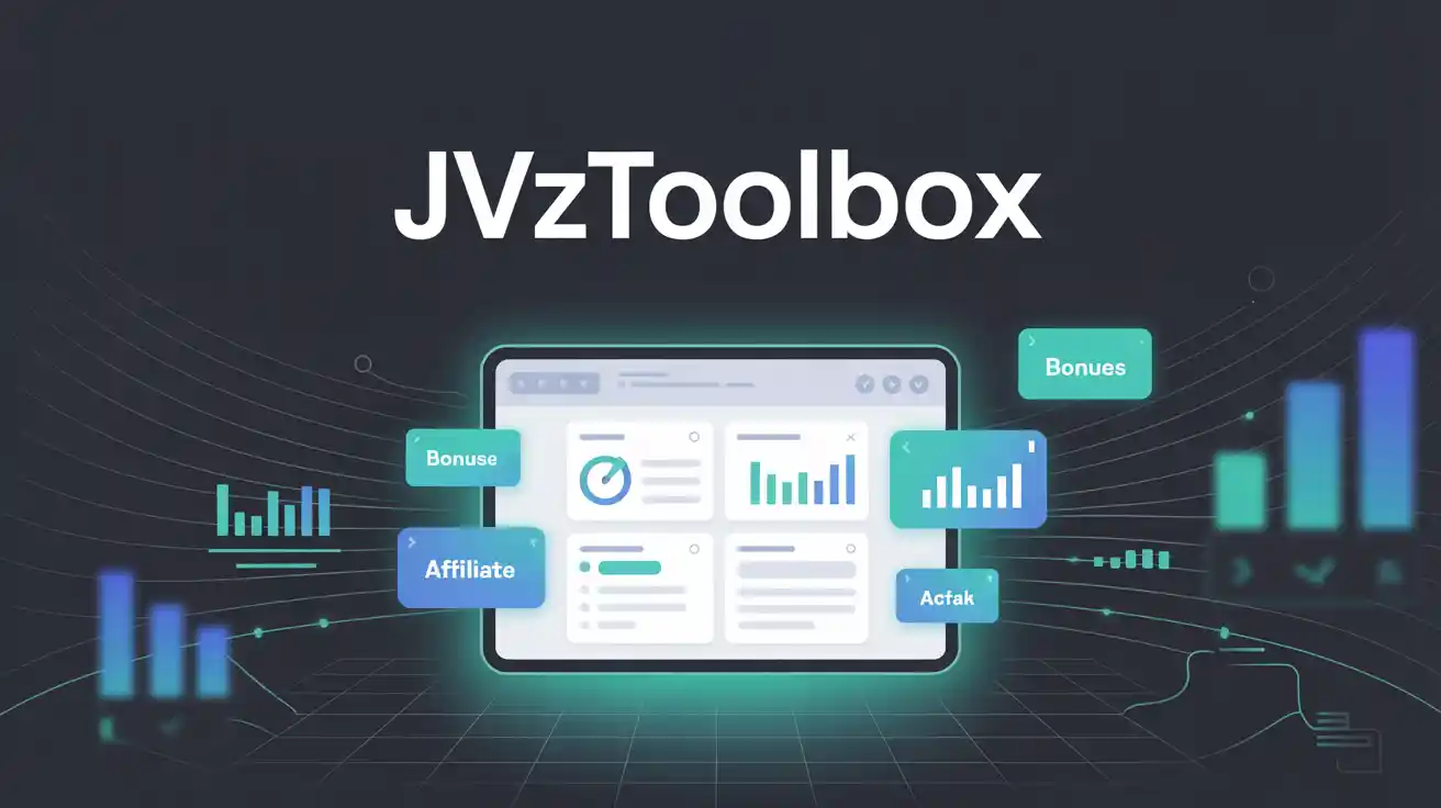 "Create a bold, modern software product cover for 'JVZToolBox'. The background should be sleek and dark with a glowing dashboard interface, icons for bonuses, links, and charts. Add the title 'JVZToolBox' in clean tech-style font at the top. Perfect for a JVZoo product."