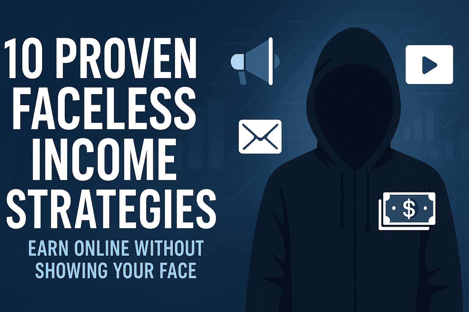 "Faceless income strategies featured image showing anonymous figure with digital marketing icons, text: 10 Proven Faceless Income Strategies."