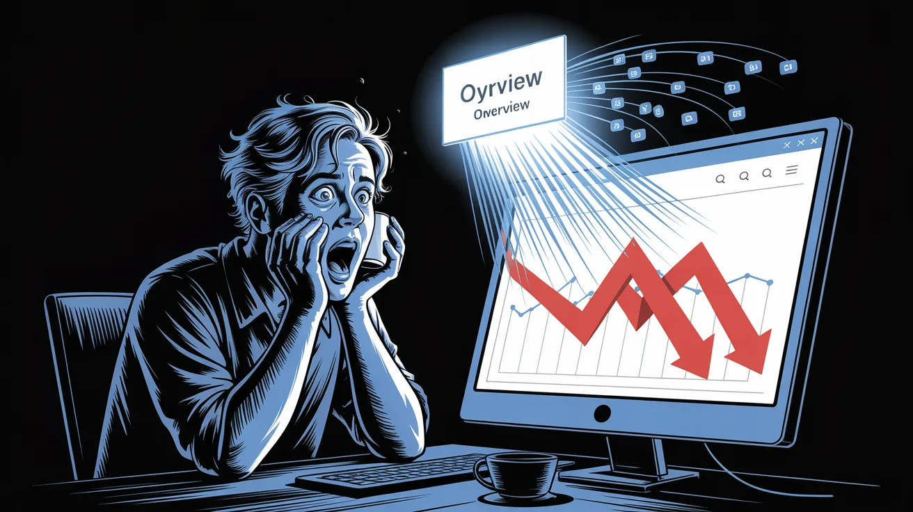 A shocked blogger staring at a falling Google Analytics graph while a giant glowing AI Overview